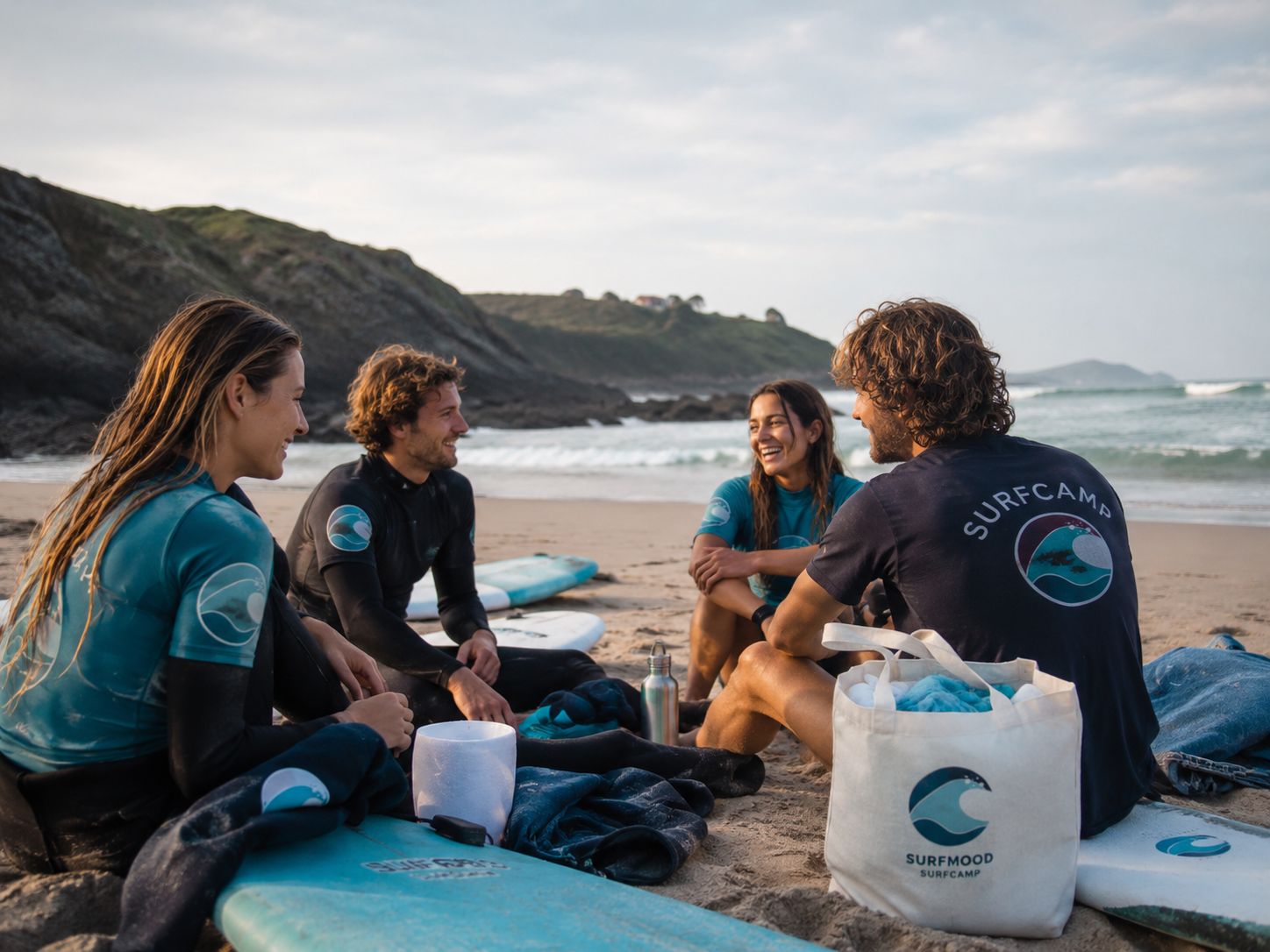 Descanso después del SurfCamp Grupo de alumnos de SurfMood descansando y conversando en la playa después de una sesión de surf.