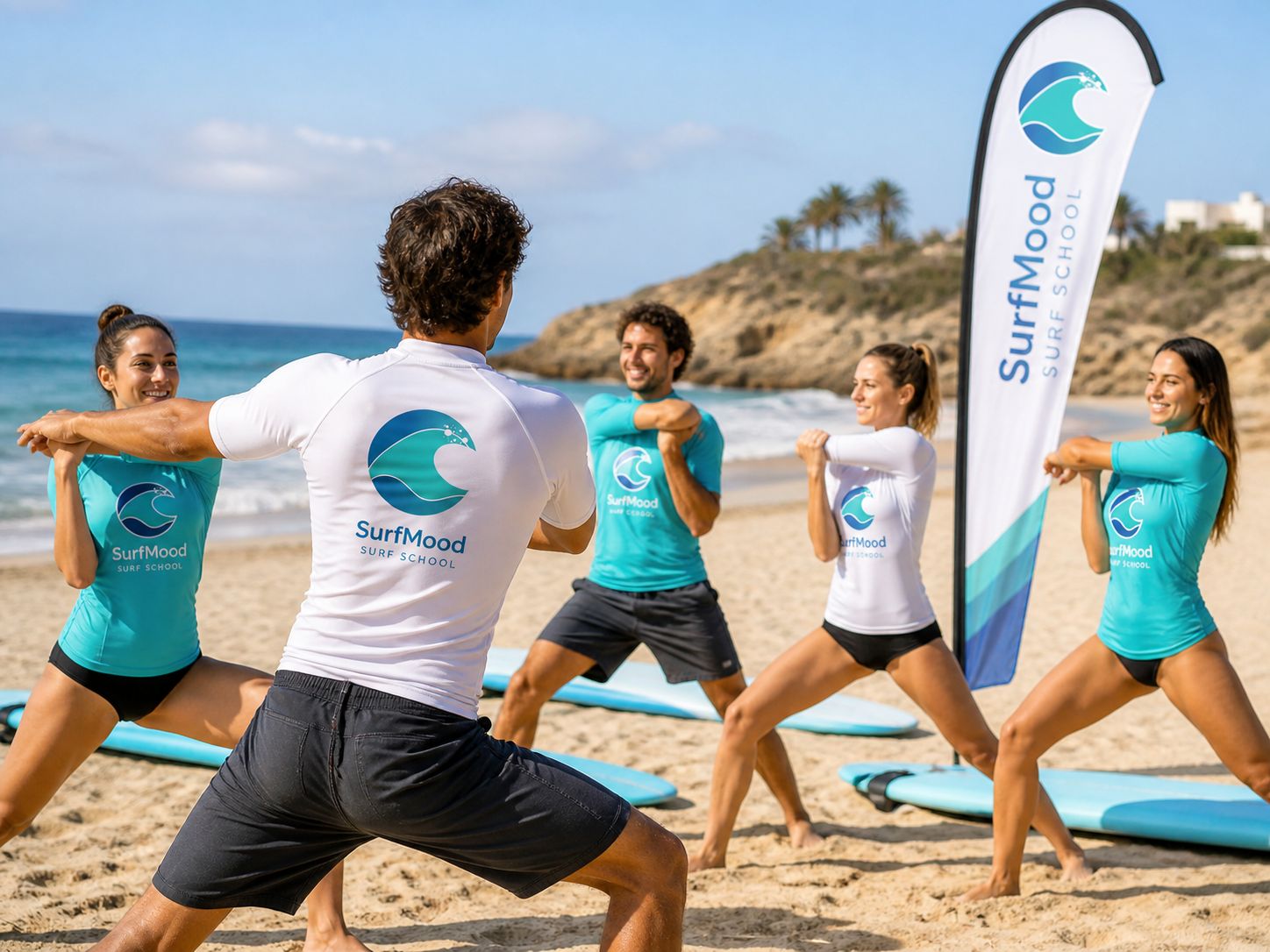 Calentamiento antes de surfear Grupo de alumnos de SurfMood haciendo ejercicios de calentamiento antes de entrar al agua.