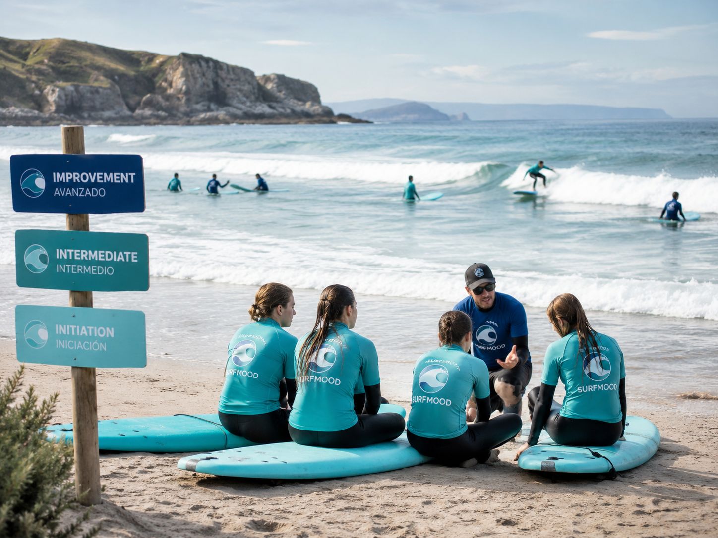 Grupos por nivel en el SurfCamp Grupo de alumnos de SurfMood dividido por niveles durante una explicación en la playa.