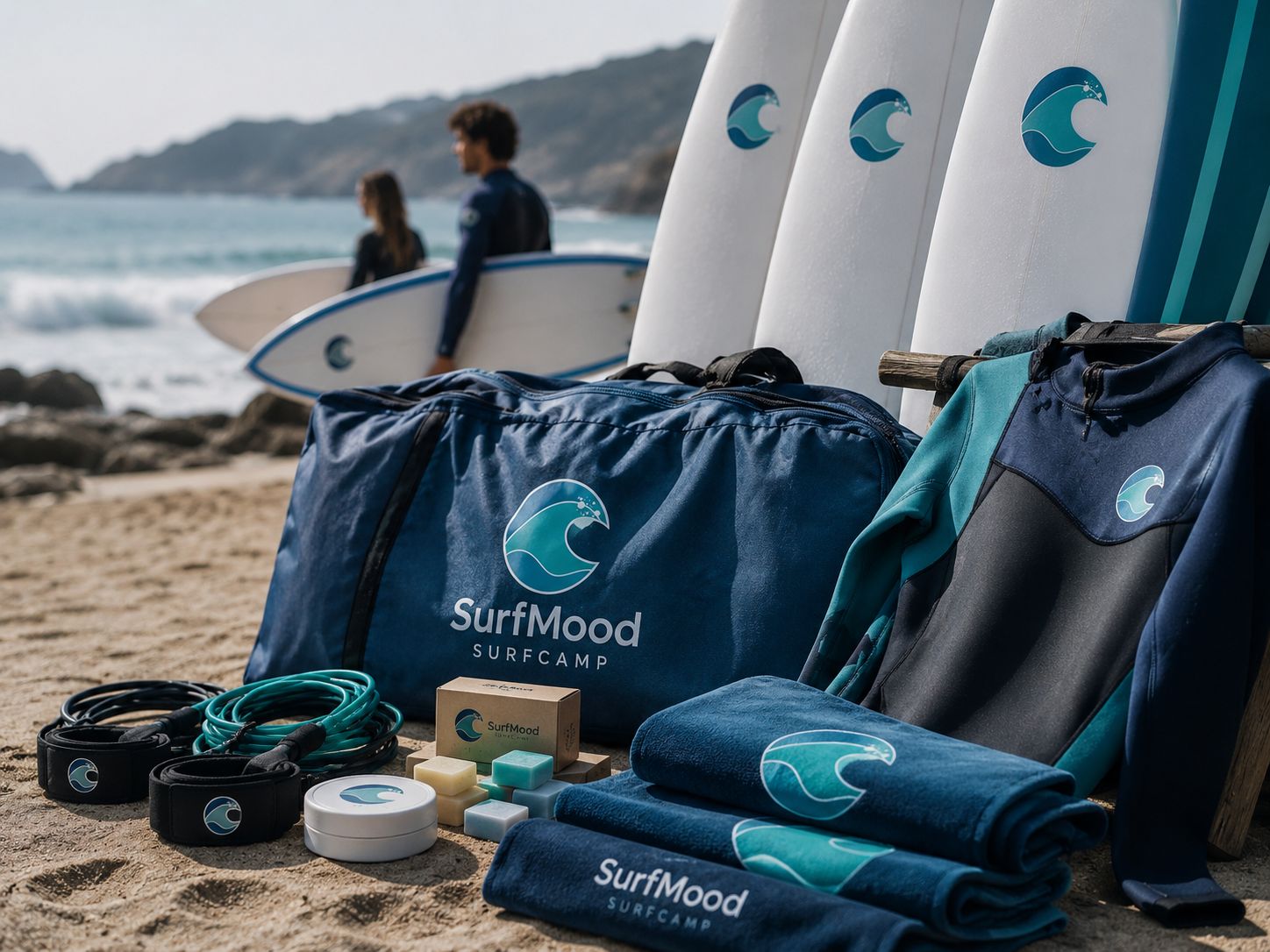 Material del SurfCamp SurfMood Material de SurfCamp preparado en la playa con tablas, neoprenos y accesorios de SurfMood.