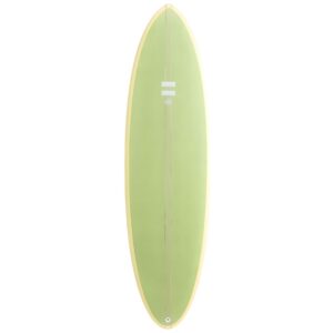 Tabla de surf funboard en color verde menta con franja amarilla en el canto, vista frontal sobre fondo blanco