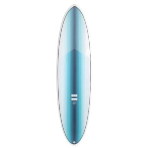 Tabla de surf funboard con diseño degradado en tonos azules y turquesa, vista frontal sobre fondo blanco