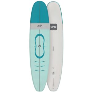 Longboard de surf de 9'0 pies en color turquesa y blanco, vistas frontal y posterior sobre fondo blanco