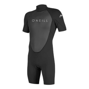 Traje de surf corto O'Neill de neopreno negro para hombre con mangas cortas, vista frontal sobre fondo blanco