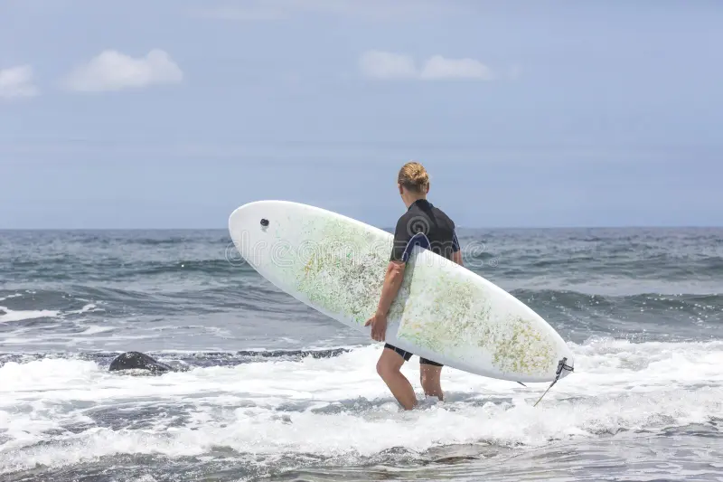 Surfista caminando hacia el mar con una tabla de surf blanca bajo el brazo