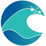 Logotipo de SurfMood con diseño de ola en tonos azules y turquesa sobre fondo transparente