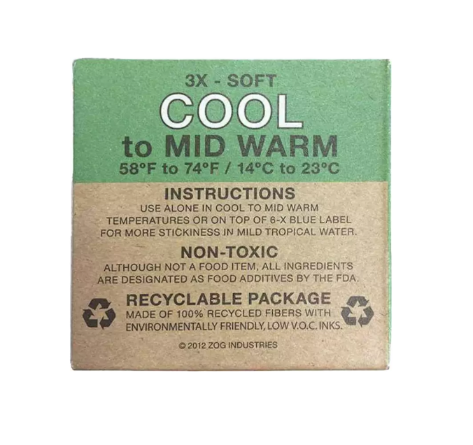 Parte trasera del envase de cera de surf Mr. Zogs Sex Wax con instrucciones de uso para agua fría y templada