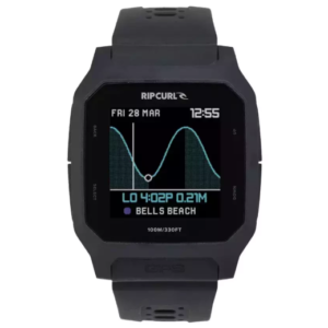 Reloj Rip Curl Search GPS con pantalla mostrando el pronóstico de mareas para Bells Beach, accesorio para surfistas