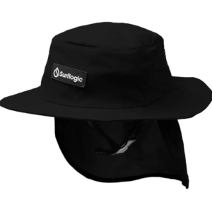 Gorro de surf Surflogic negro con ala ancha y protector de nuca para protegerse del sol en la playa