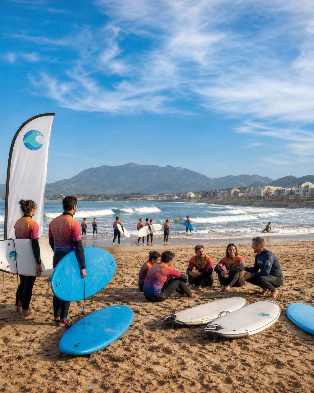 Instructor de SurfMood guiando a un grupo de alumnos sentados en la arena con las tablas delante