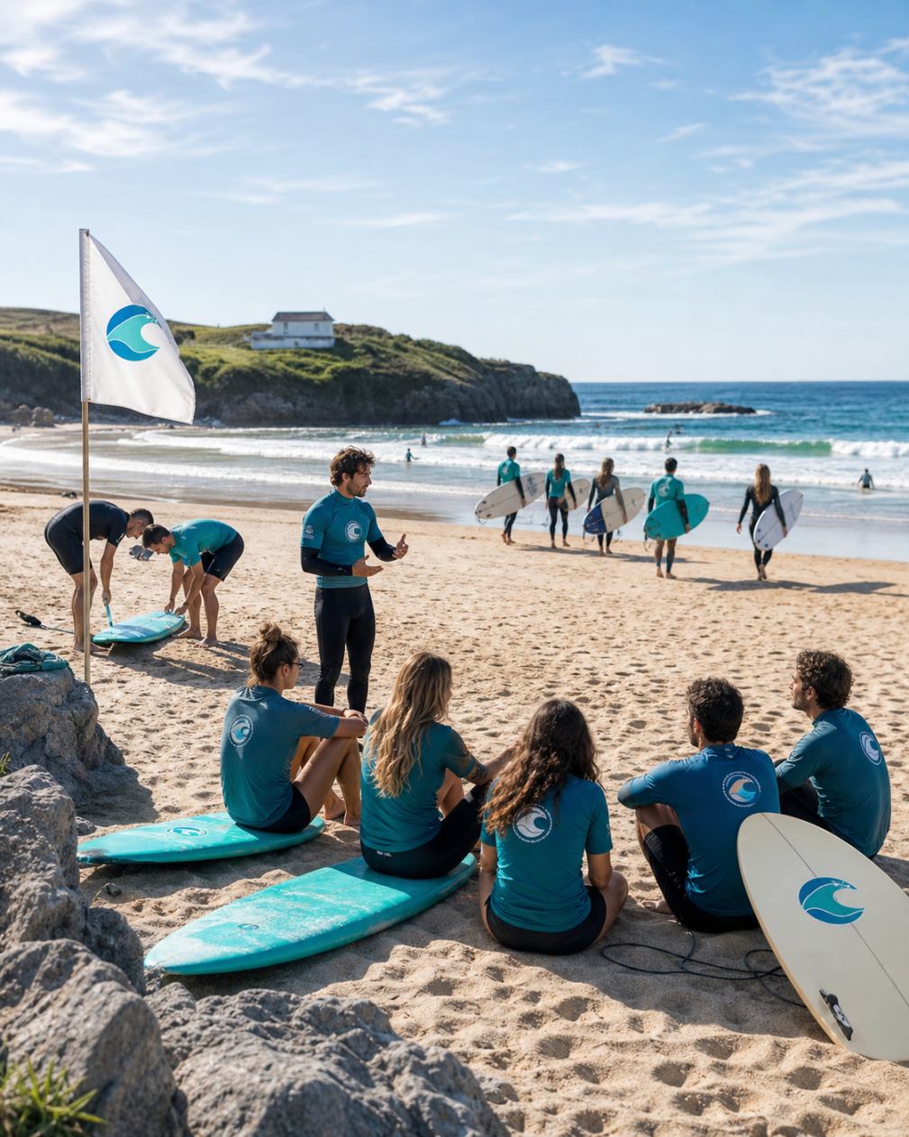 Grupo de alumnos de la escuela SurfMood con tablas azules caminando por la playa