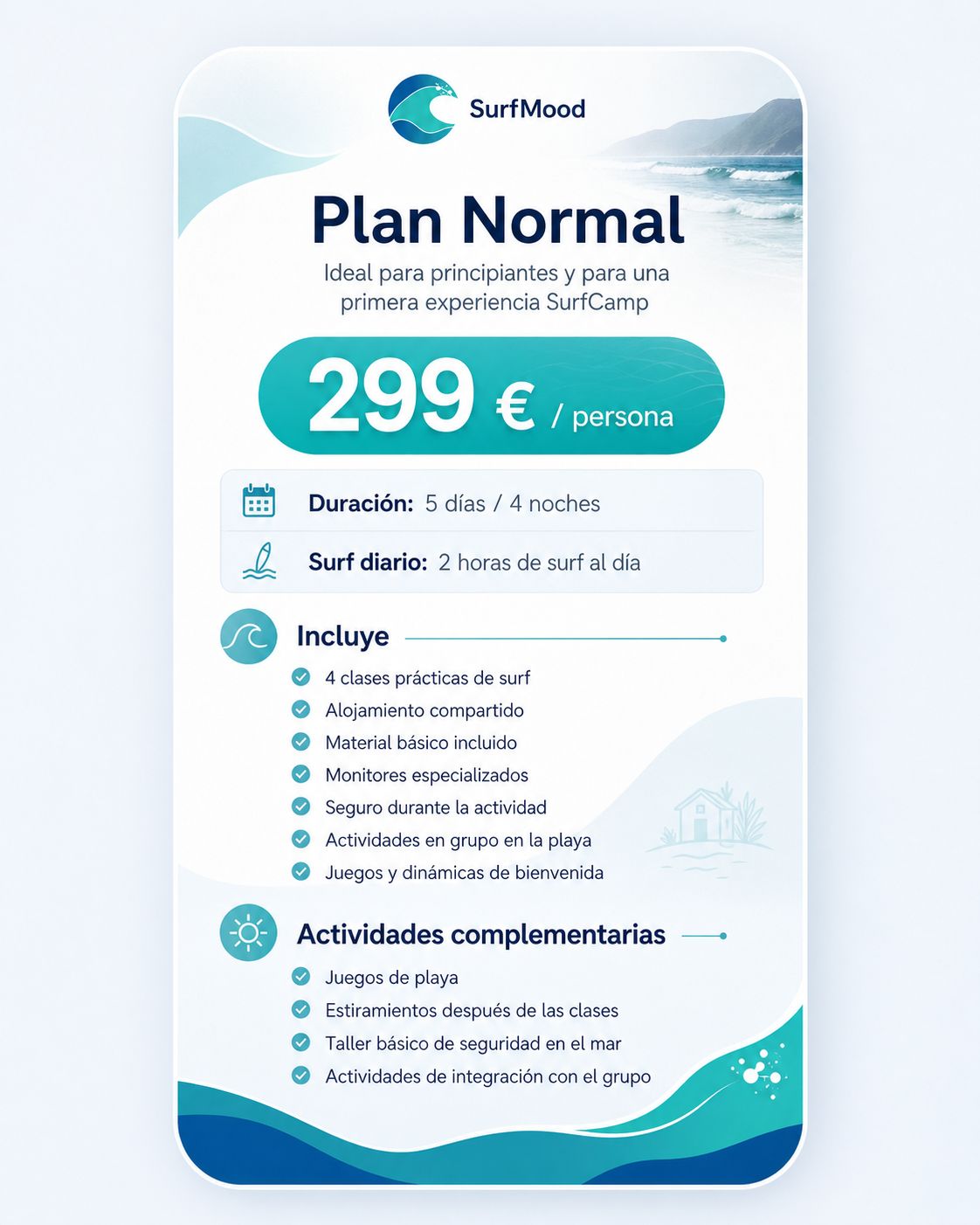 Infografía del Plan Normal de SurfMood a 299€ por persona con descripción de servicios incluidos