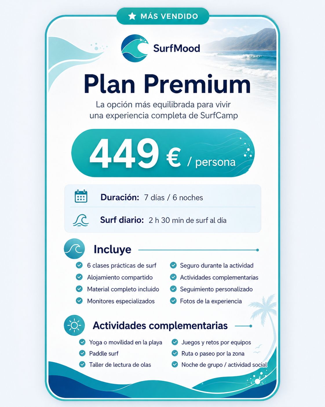 Infografía del Plan Premium de SurfMood a 449€ por persona con descripción de servicios incluidos