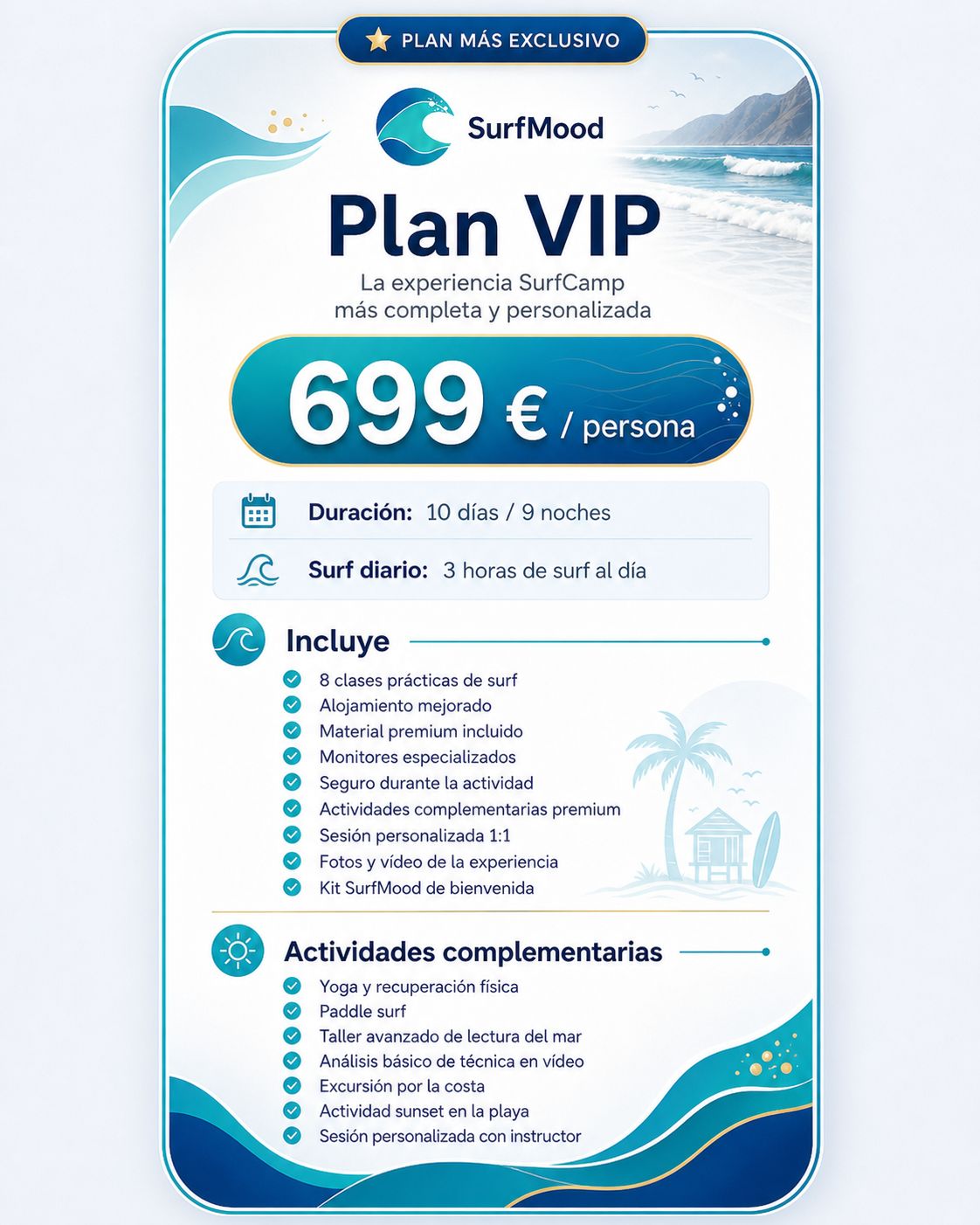 Infografía del Plan VIP de SurfMood a 699€ por persona con descripción de servicios incluidos